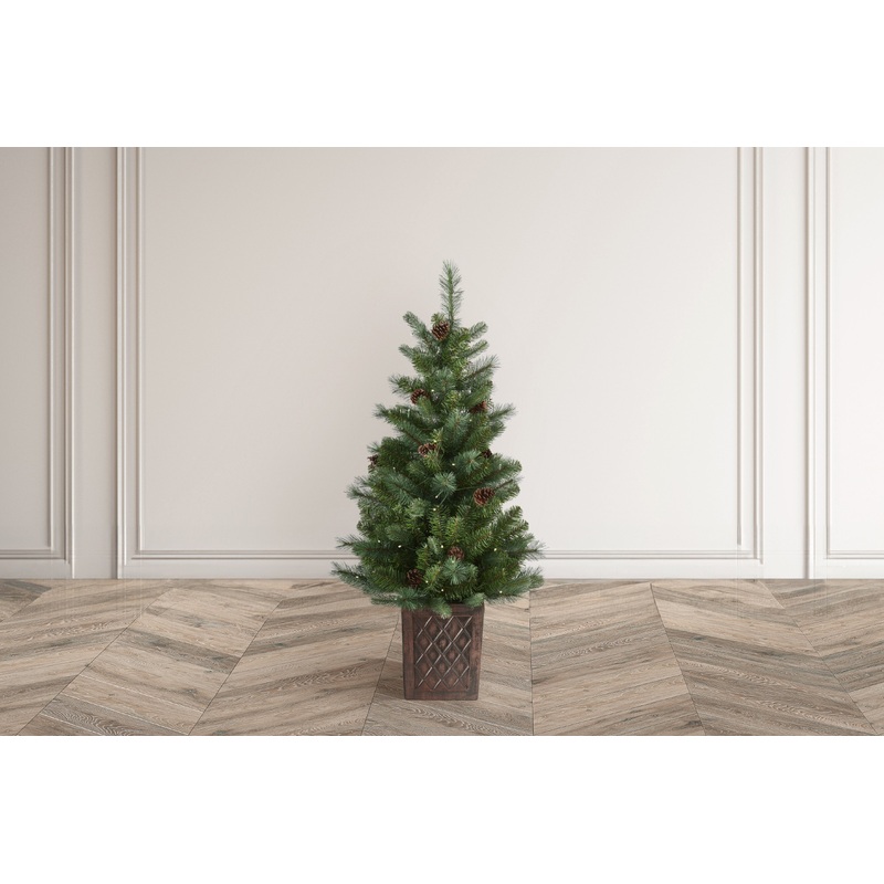HAZELNUT PINE Porch Tree - 4ft with 100 Warm White LED 5mm bulbs and STN 8 Function - Battery Operated- Potted