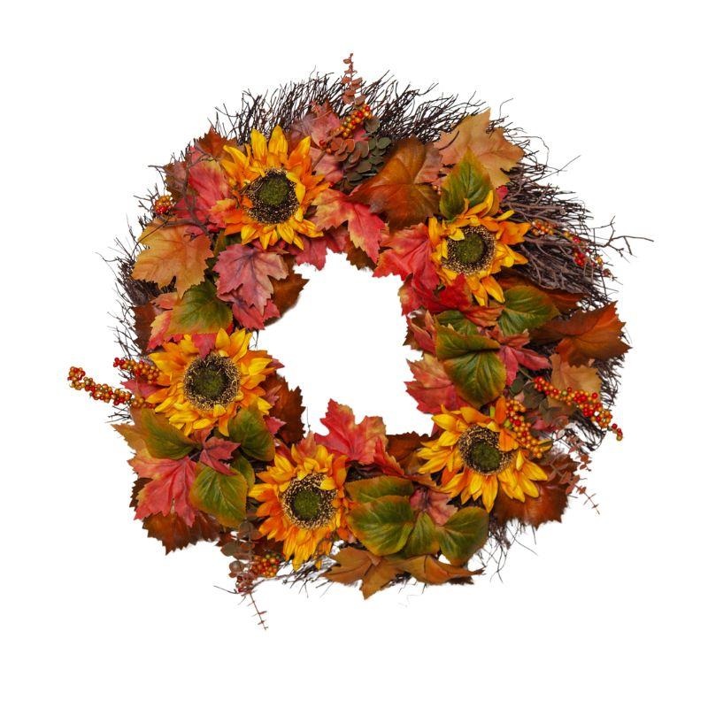 SUNFLOWER WITH MIXED FOLIAGE WREATH 61Lx61Wx18H cm