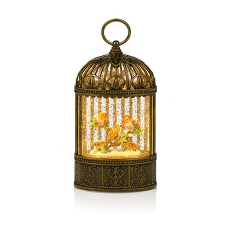 24cm BO Lit Robin Scene Water Spinner with Warm White LEDs