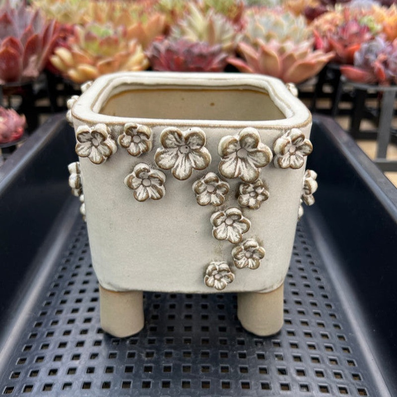 White Handmade Ceramic Succulent Pot with Flowers Approximately 4
