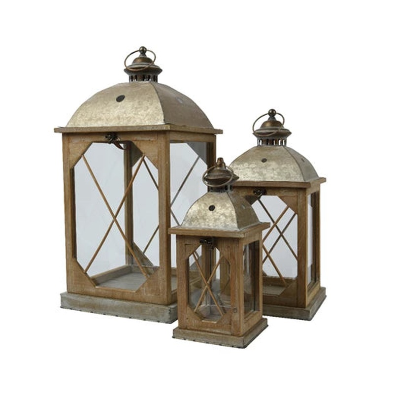 Lantern firwood rectangle antique gold with four side glass, with two side wood crossing fsc 100% brown L.27cm x W.27cm x H.56cm