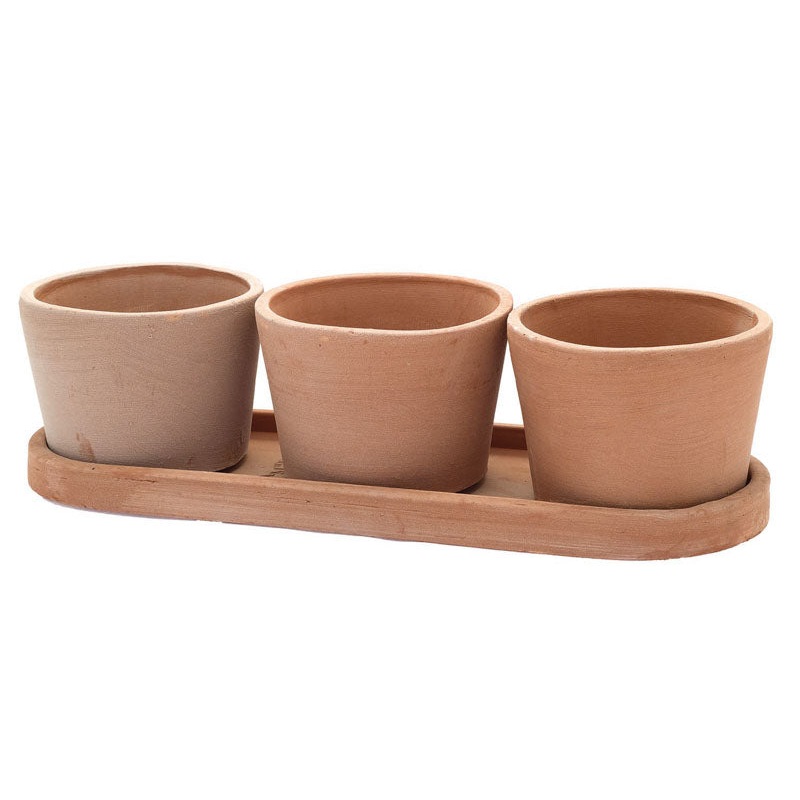 Artisinal Terracotta Trio Of Round Vases With Saucer H11cm W46cm (Vaso Tris Rotundo 45)
