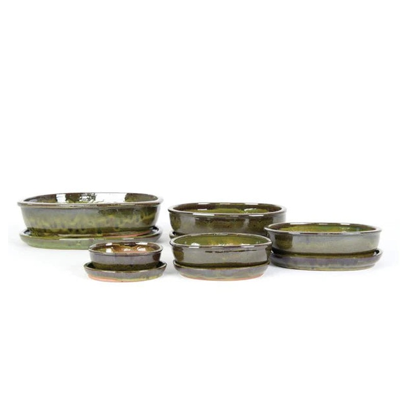 Oval Bonsai Green Pot and Saucer 25cm