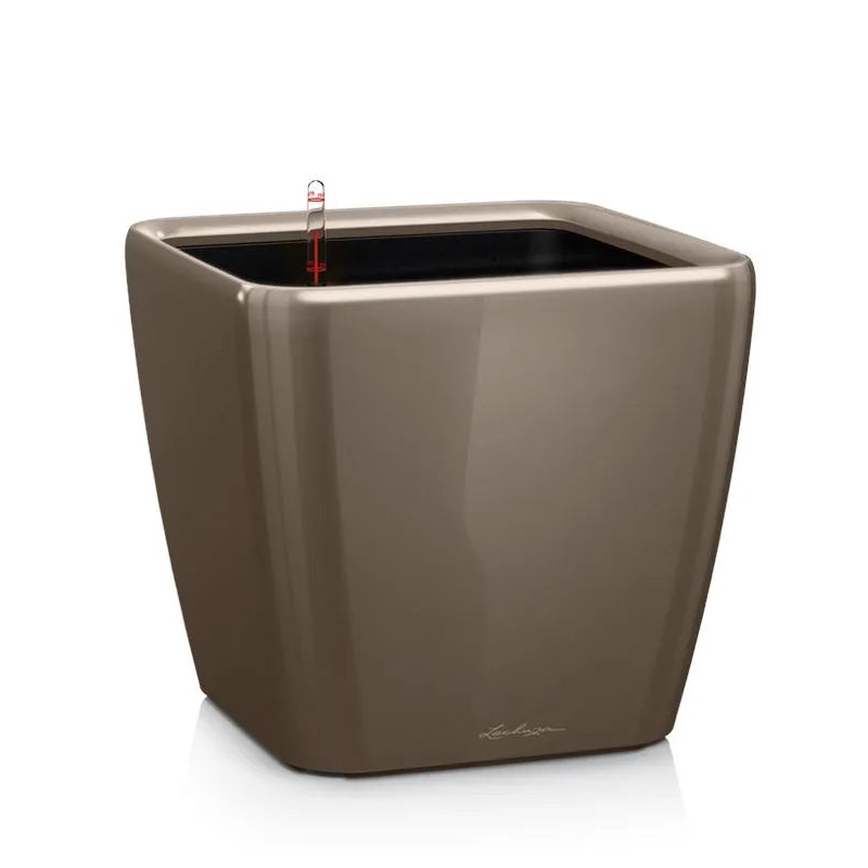 Lechuza Premium Quadro LS 28 Plant Pot 26cm Height 23.5cm Dia All Inclusive Set Taupe High Gloss