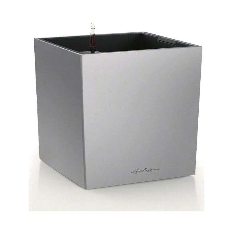 Lechuza Premium Cube 40 Plant Pot 40cm Height 34.5cm Dia All Inclusive Set Silver Metallic