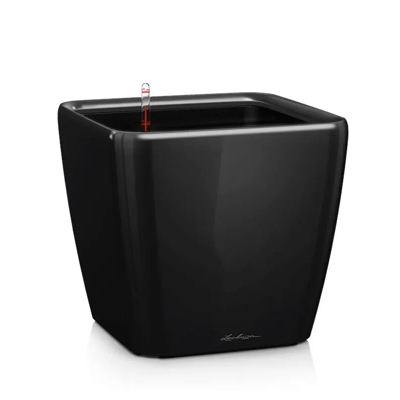 Lechuza Premium Quadro LS 21 Plant Pot 20cm Height 18.5cm Dia All Inclusive Set Black High Gloss
