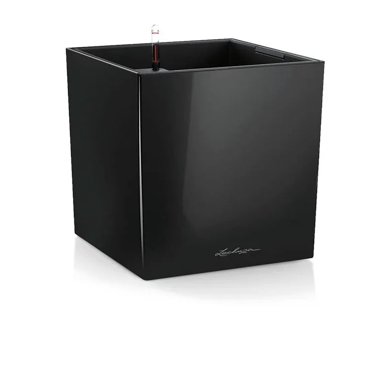 Lechuza Premium Cube 40 Plant Pot 40cm Height 34.5cm Dia All Inclusive Set Black High Gloss