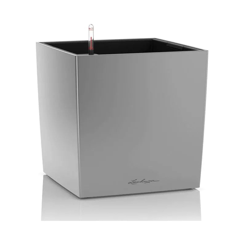 Lechuza Premium Cube 50 Plant Pot 50cm Height 44cm Dia All Inclusive Set Silver Metallic