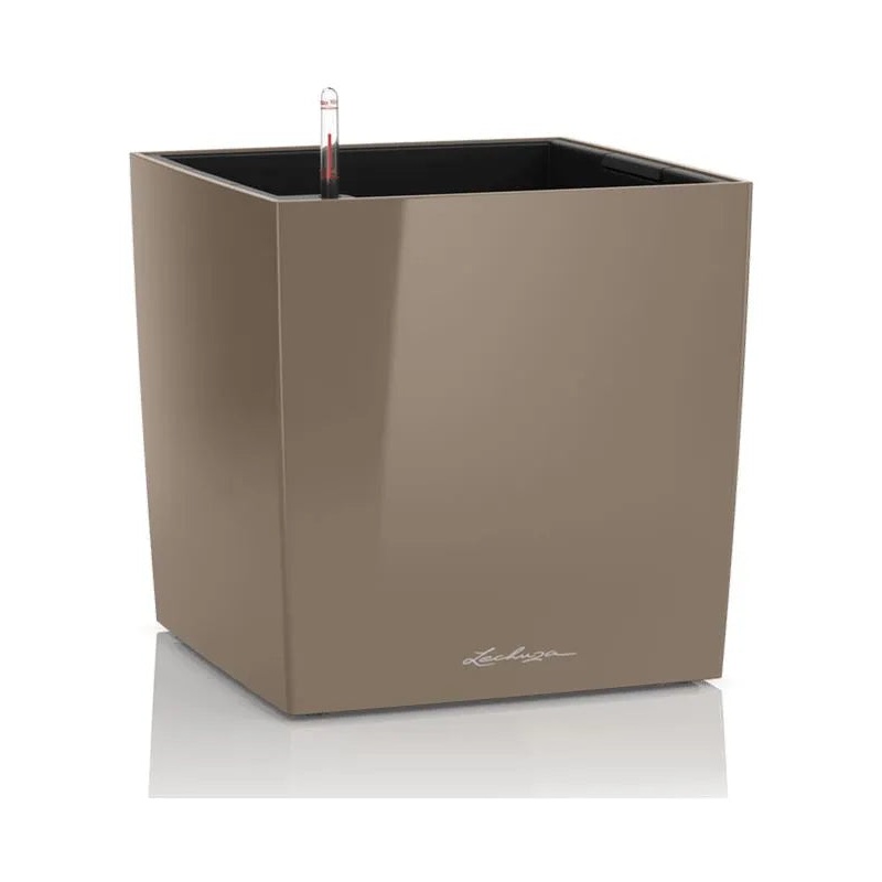 Lechuza Premium Cube 30 Plant Pot 30cm Height 25.5cm Dia All Inclusive Set Taupe High Gloss