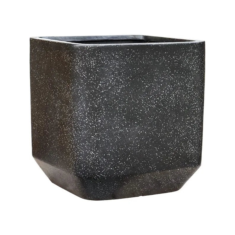 Baq Terrazzo Plant Pot 46cm Height 38cm Dia Rounded Cube Black
