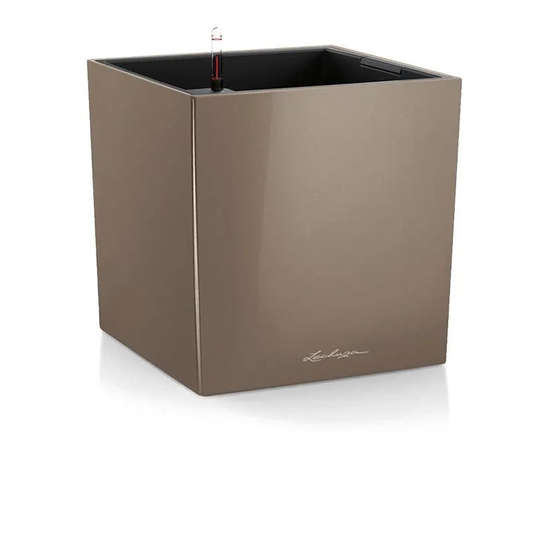 Lechuza Premium Cube 40 Plant Pot 40cm Height 34.5cm Dia All Inclusive Set Taupe High Gloss
