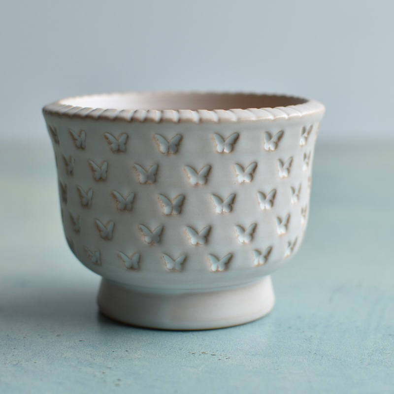 White Handmade Stamped Ceramic Succulent Pot Approximately 3"