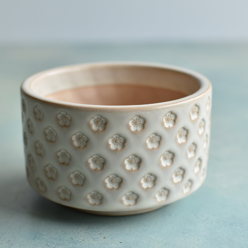 White Handmade Stamped Ceramic Succulent Pot Approximately 3"-4"