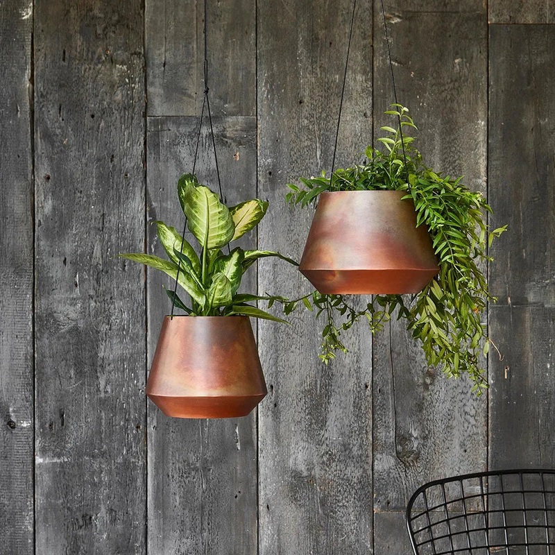 Indoor Soho Aged Copper Hanging Planter with Leather Strap 15cm Height 19cm Dia