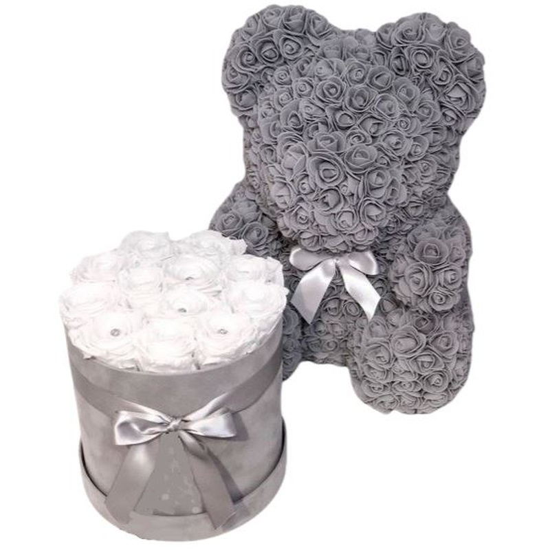 Luxury Gift Set of Infinity Roses in a Box with Rose Teddy Bear