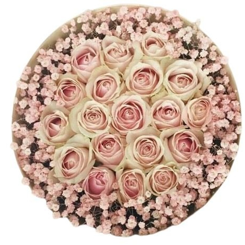 Lovely Pastel Pink Roses in Gypsophila Box