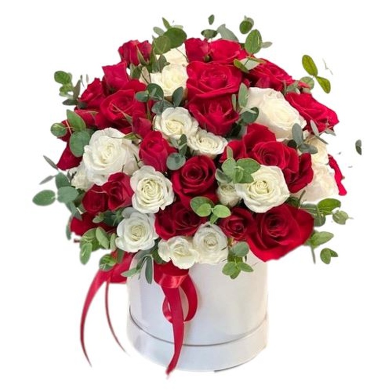 Luxury Box of Red and White Spray Roses with Eucalyptus