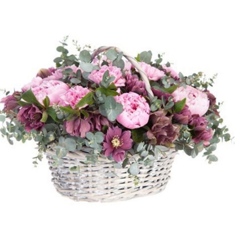 Impressive Basket of Peonies with Hellebore and Carnations