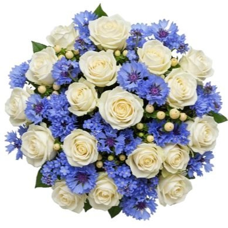 Roses with Cornflowers and Forget Me Not Bouquet