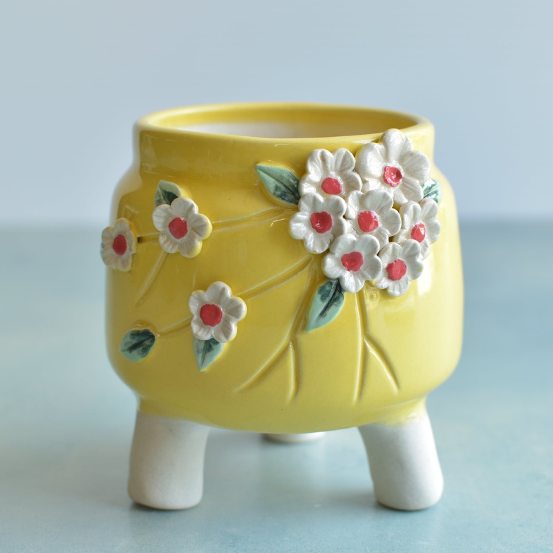 Yellow Handmade Ceramic Succulent Pot with Flowers Approximately 3