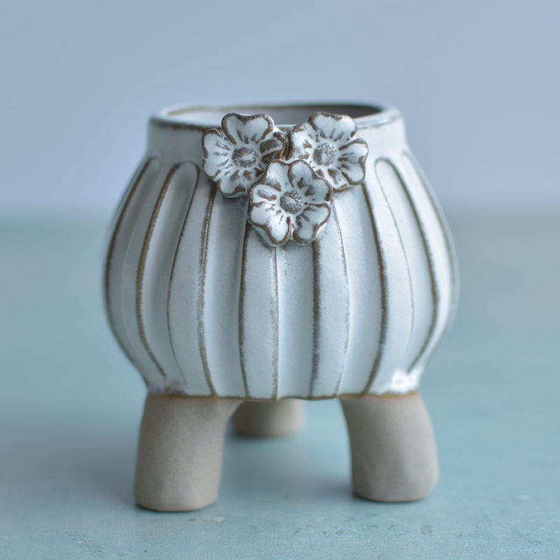 White Handmade Ceramic Succulent Pot with Flowers Approximately 2"