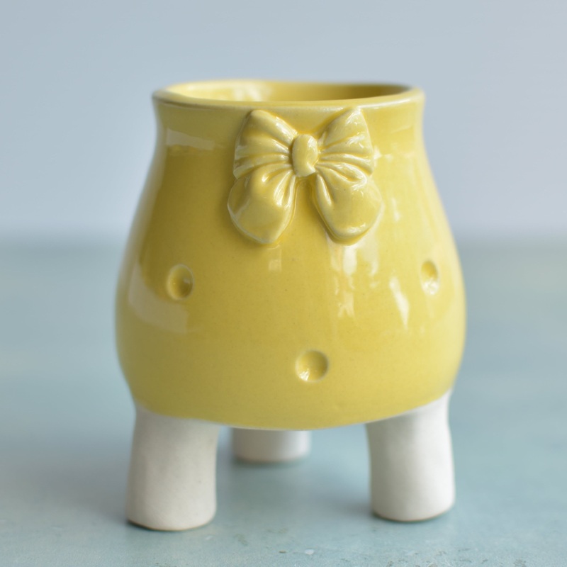 Yellow Handmade Ceramic Succulent Pot with Bow Approximately 2.5"