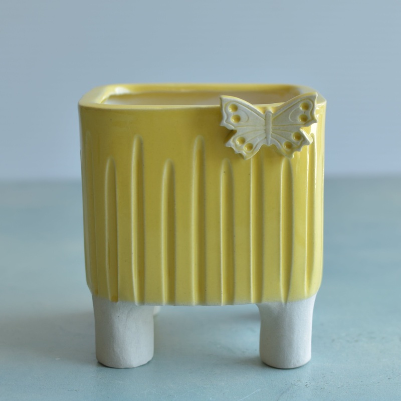 Yellow Handmade Ceramic Succulent Pot with Butterfly Approximately 4