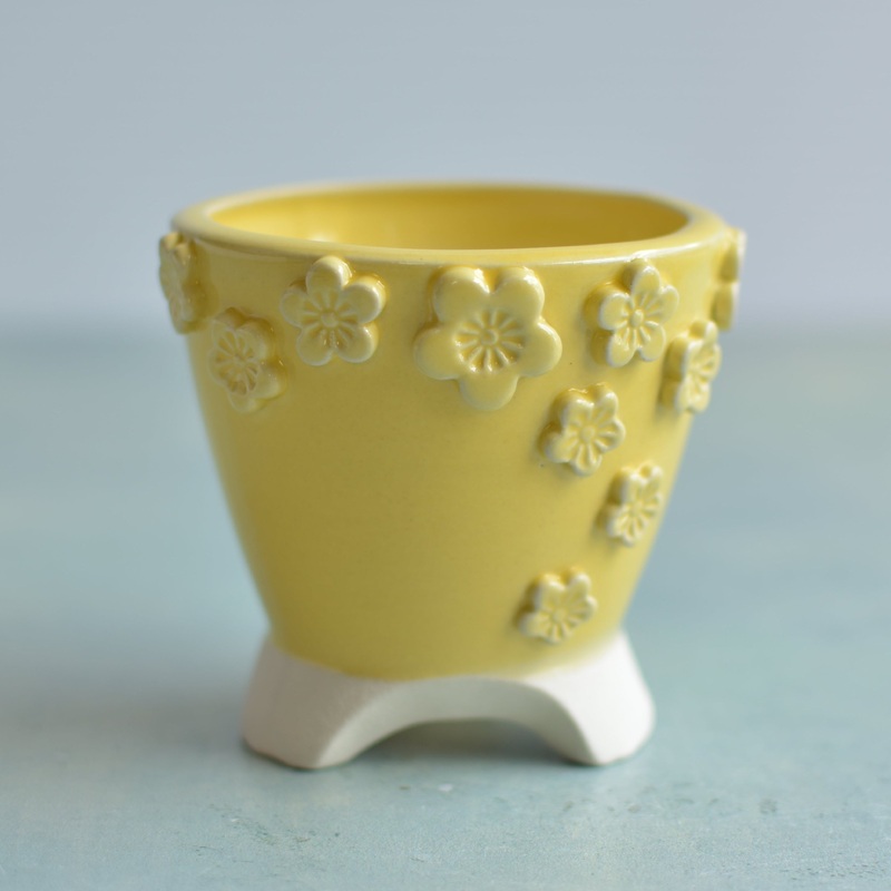 Yellow Handmade Ceramic Succulent Pot with Flowers Approximately 3"