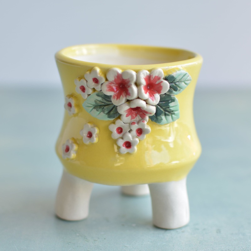 Yellow Handmade Ceramic Succulent Pot with Flowers Approximately 3.5"