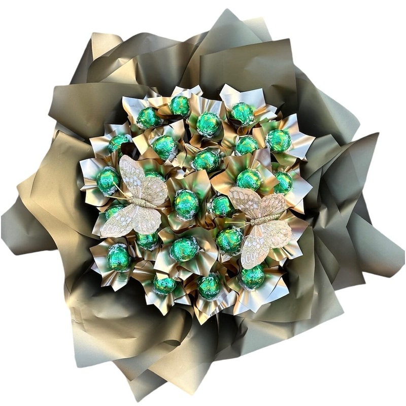 Gold Wrapped Rafined Bouquet of Chocolate with Butterfly