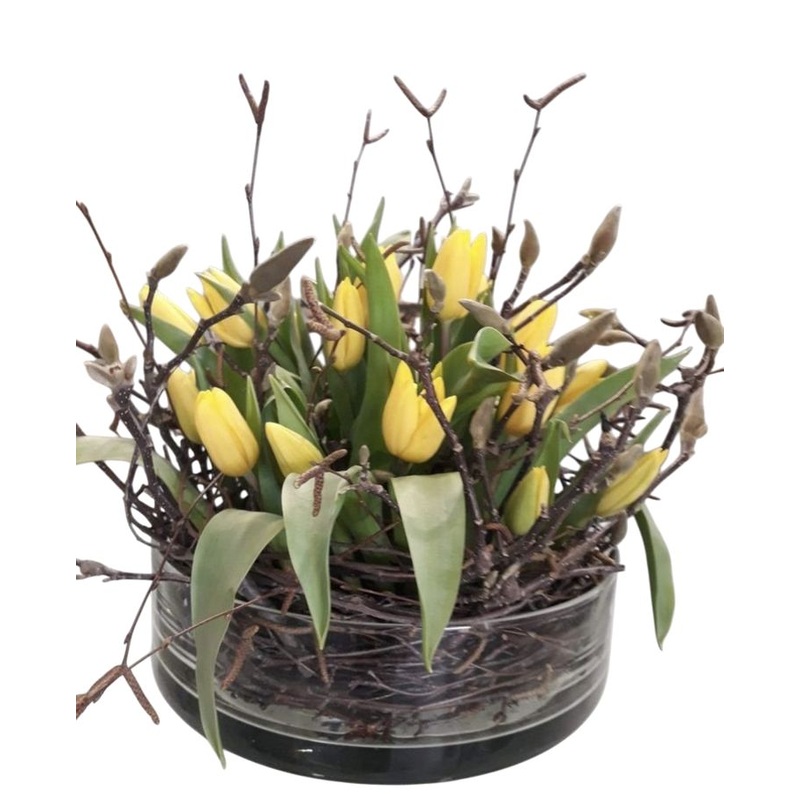 Cylinder Glass Bow of Tulips and Twigs