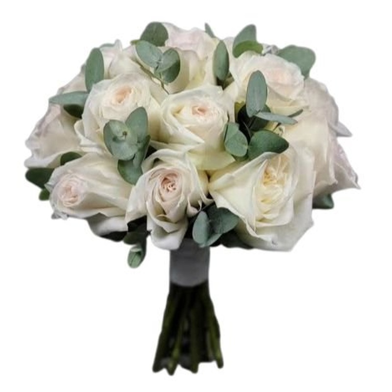 White O'Hara Garden Roses with Eucalyptus Bridal Bouquet