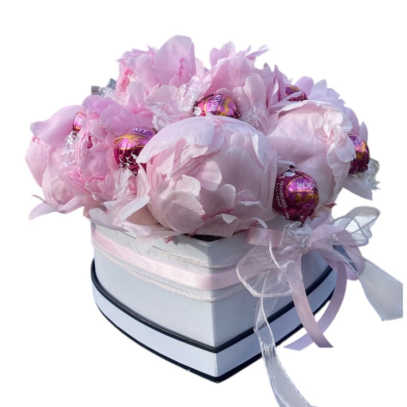 Sweet Box of Pink Peonies and Chocolate Truffles