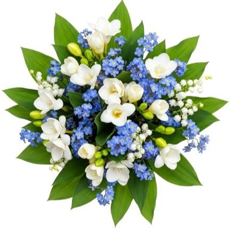 White Freesias with Blue Forget Me Not and  Lily of Valley Bouquet