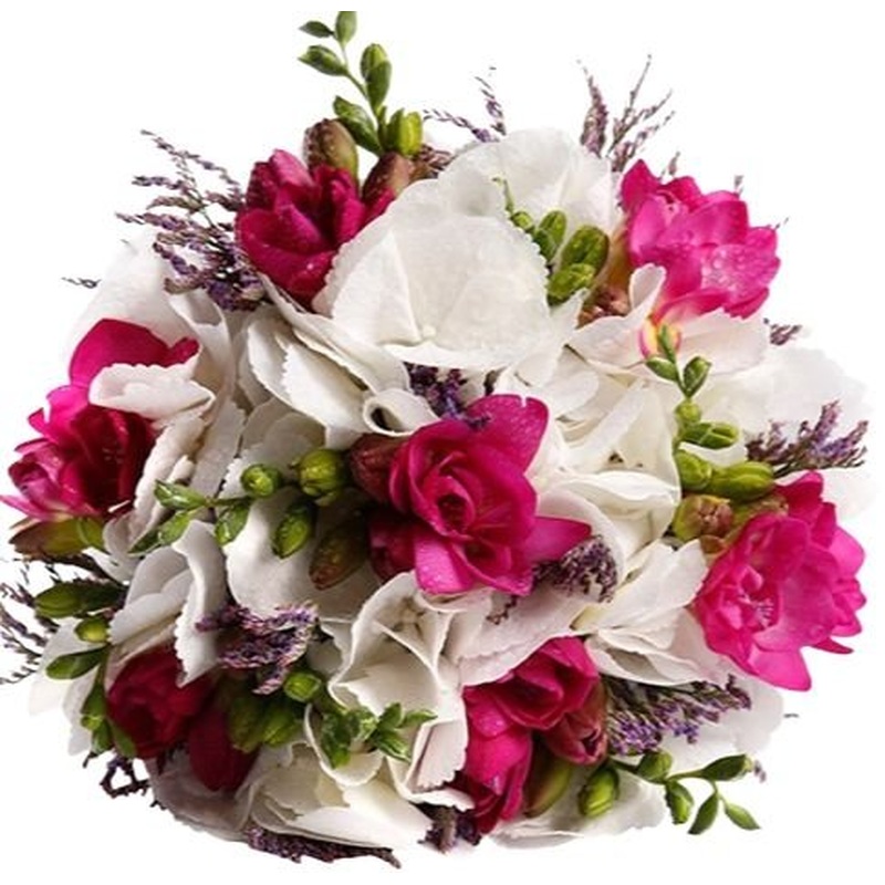 White Hydrangea and Magenta Freesias with Purple Accent Bouquet