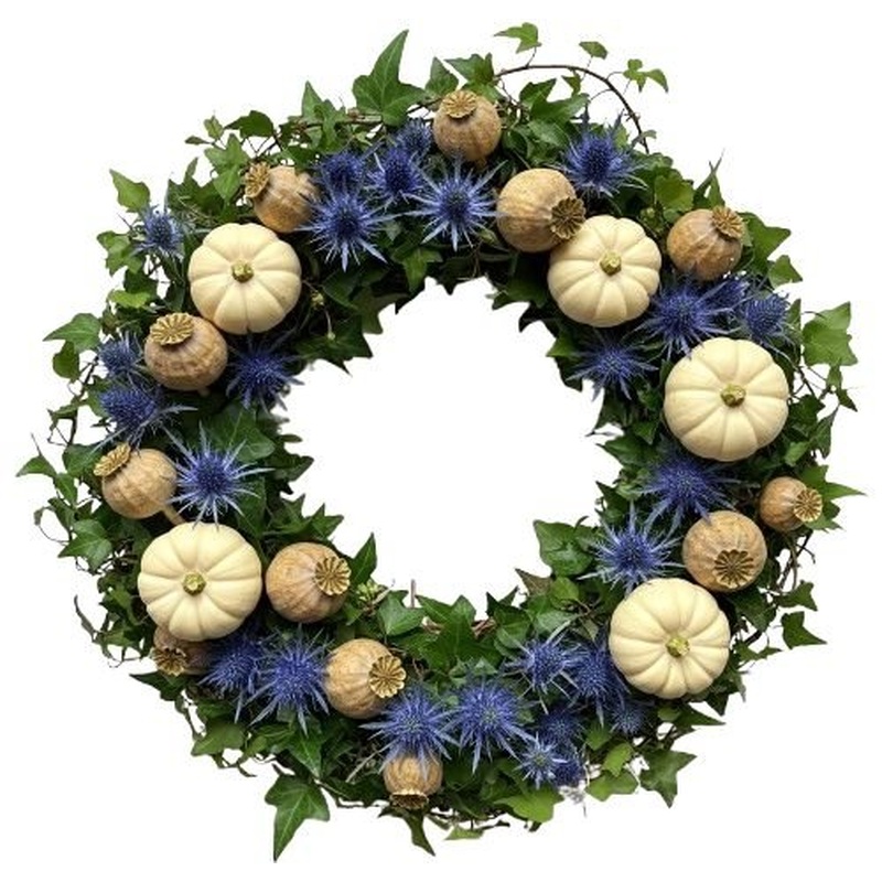 White Pumpkin and Blue Eryngium Wreath