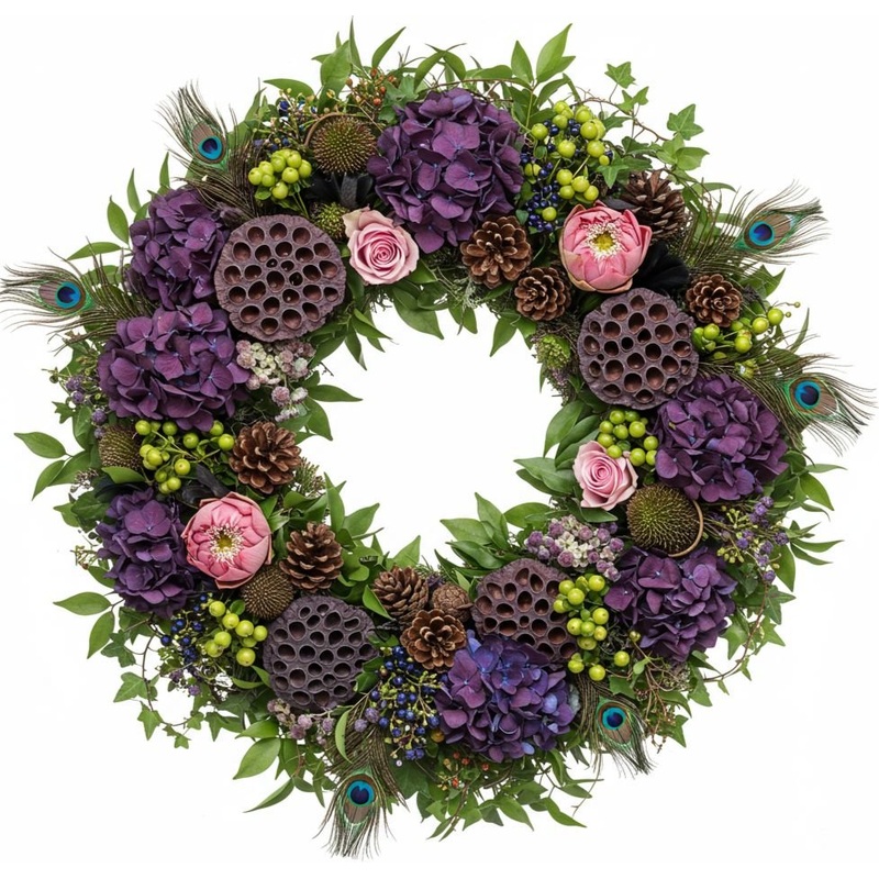 Hydrangea and Pink Blooms Rustic Festive Wreath