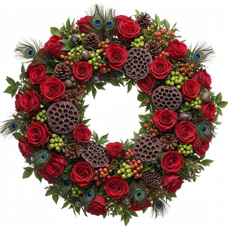 Red Roses and Pecock Charming Door Wreath