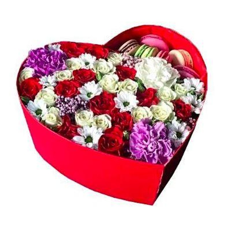 Colored Flowers and Macaroons Heart Box
