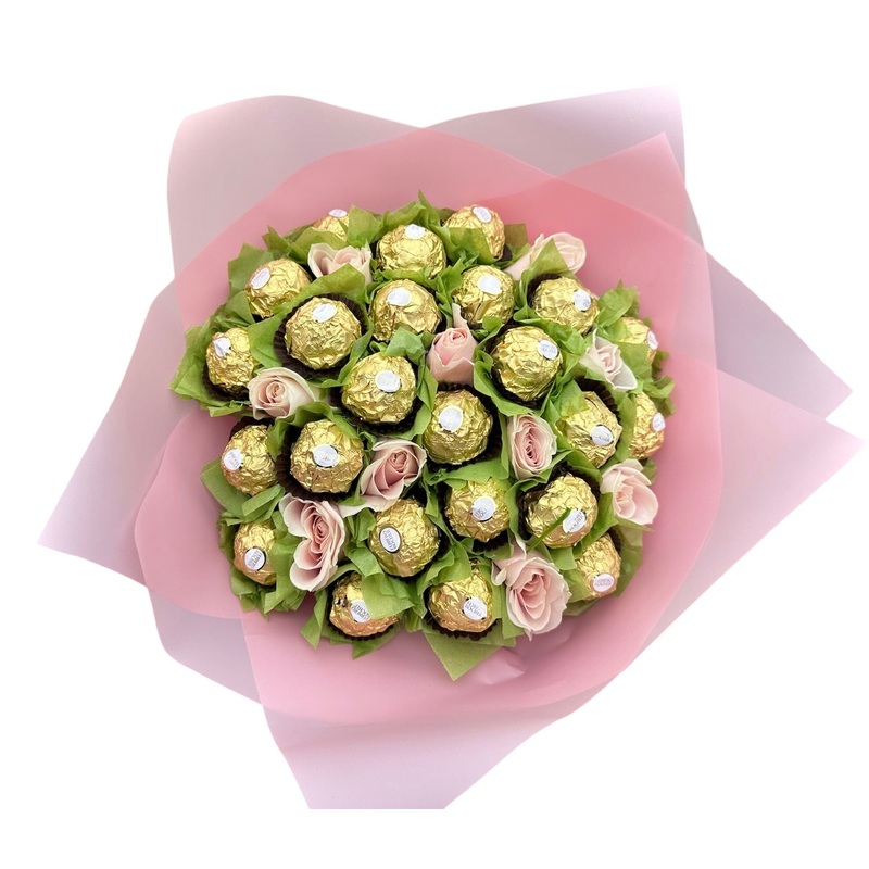 Green Wrapped Chocolate Bouquet with Pink Roses