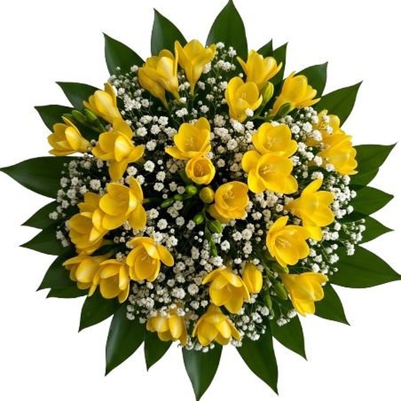 Yellow Freesias with Gypsophila and Greenery Bouquet