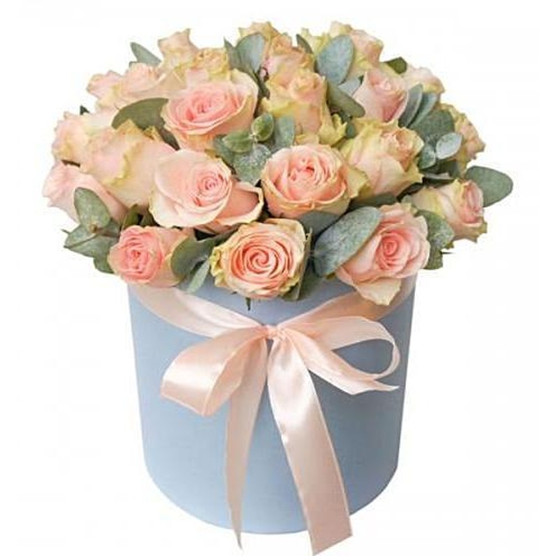 Pink Roses with Eucalyptus Box