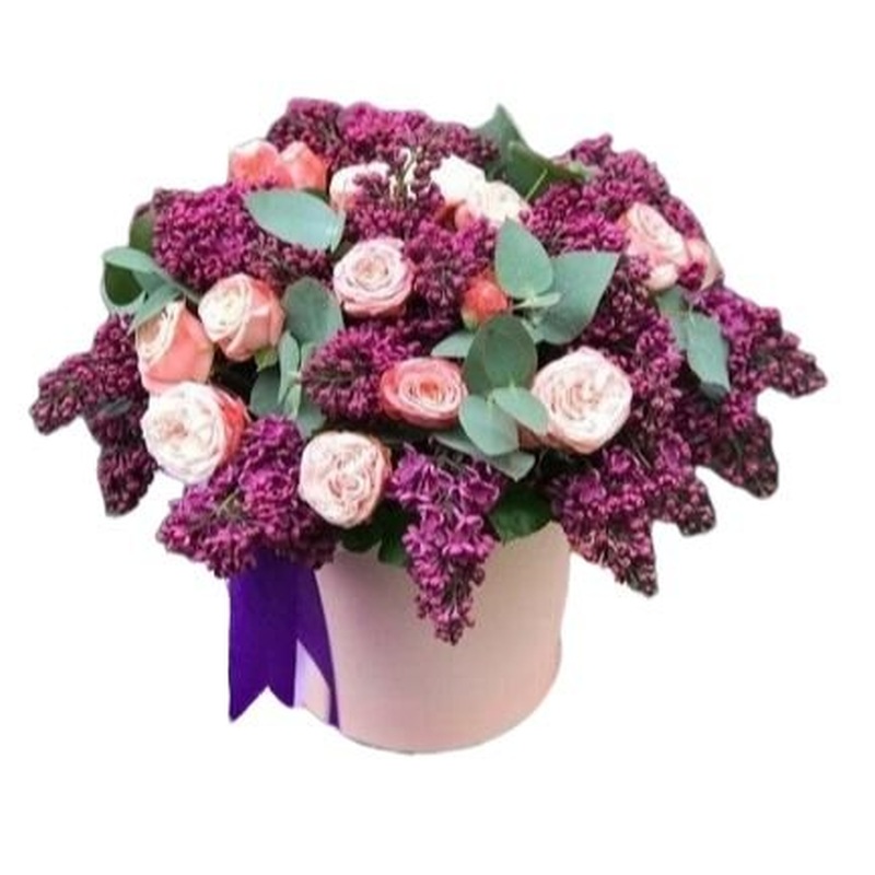 Gorgeous Box of Lilac Flower with Peach Garden Roses