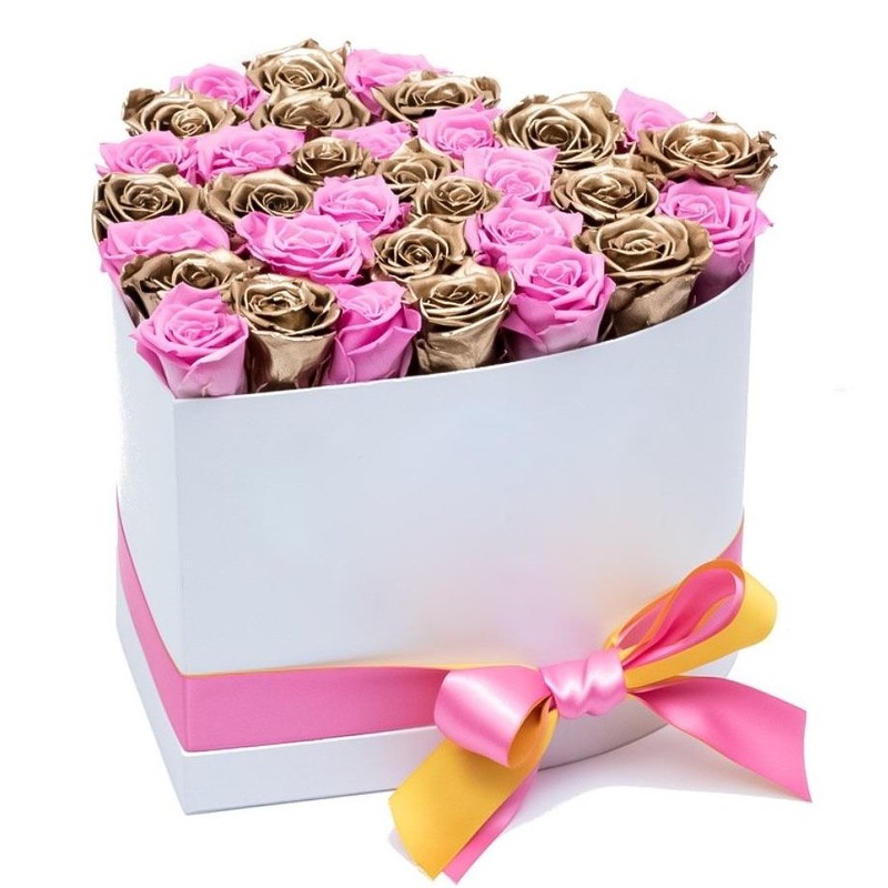 Pink and Gold Roses in Heart Box