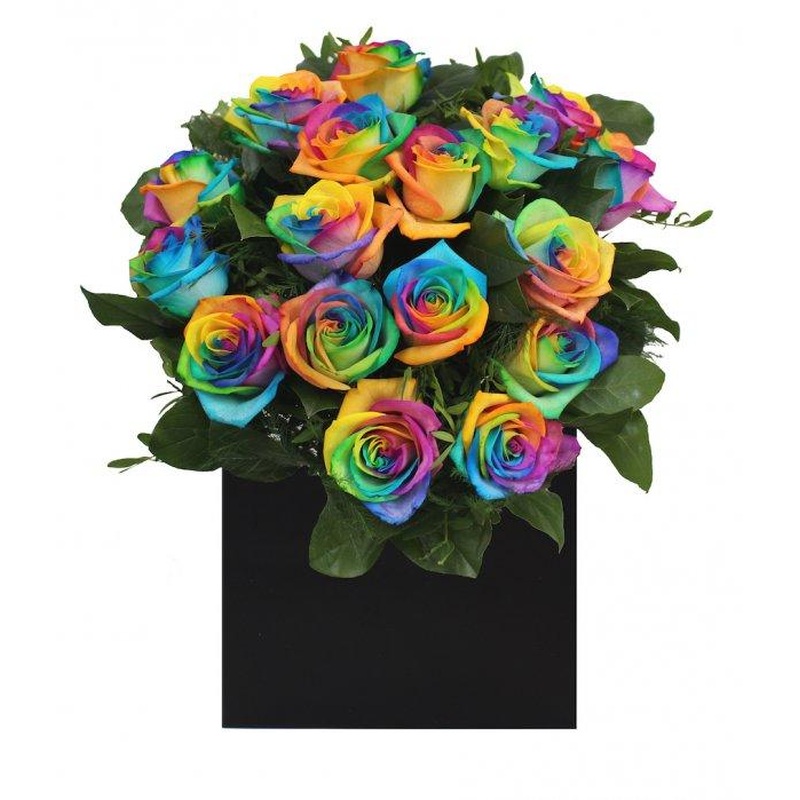 Rainbow Roses with Greenery Box