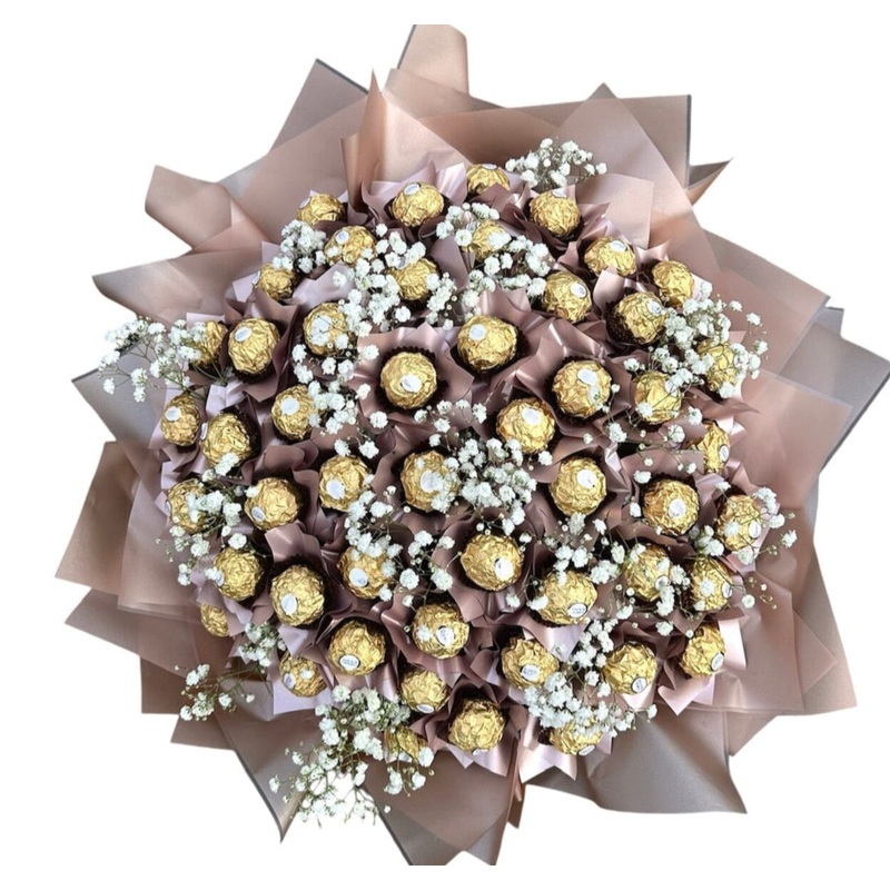 Lovely Rose Gold Wrapped Chocolate in Gypsophila Bouquet
