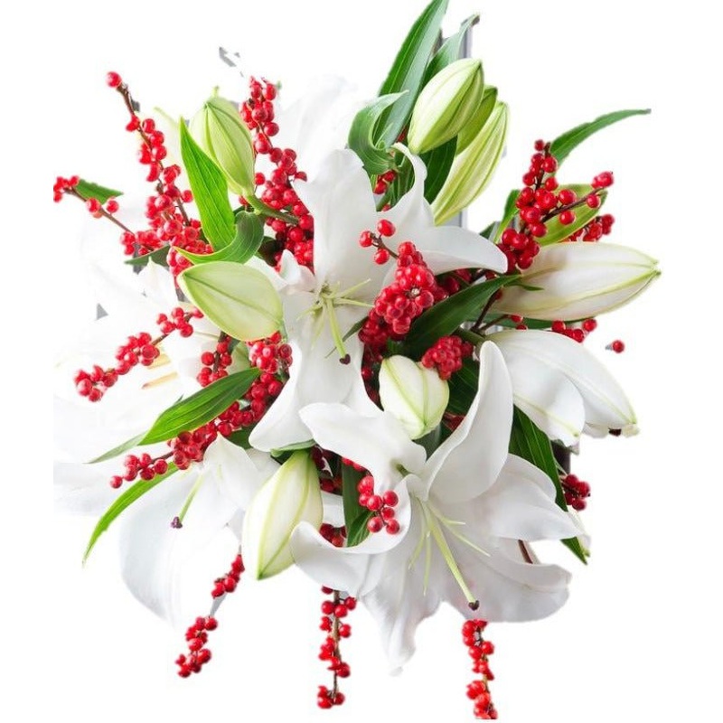 White Lily with Red Ilex Bouquet