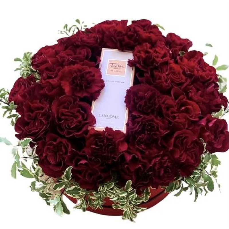 Box of Red Roses and Burgundy Carnations with Perfume
