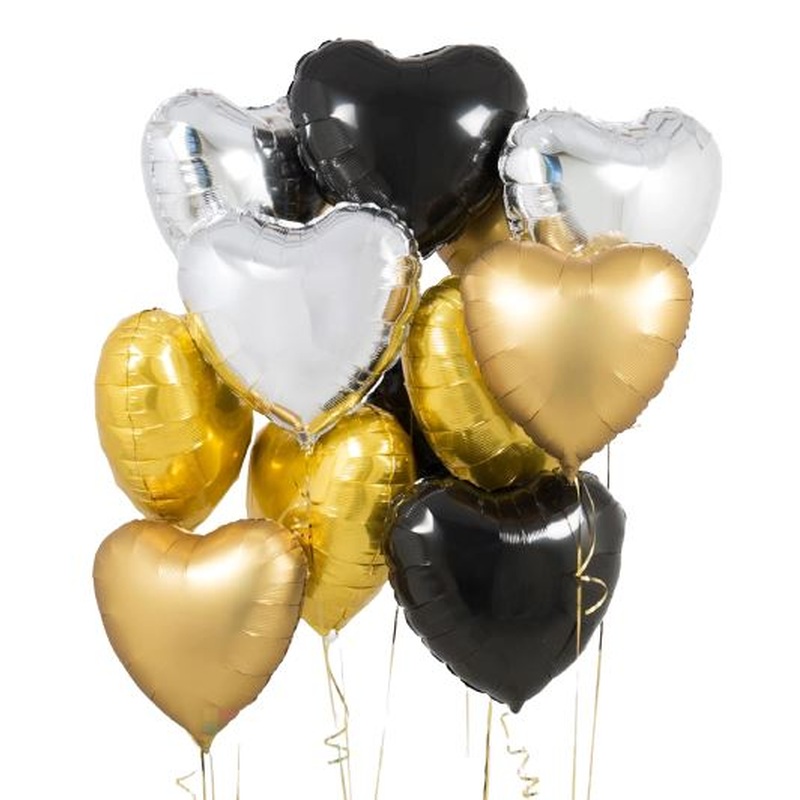 Mat Gold Black and Silver Heart Balloon Set