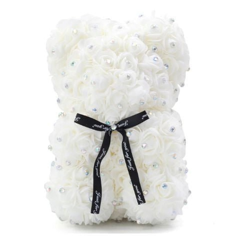 Mini Luxury White Rose Teddy Bear with Diamonds
